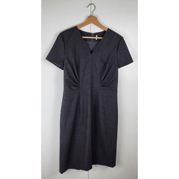 HUGO BOSS Wool Melange Micro Check Sheath V Neck Pleated Midi Dress | 8 - Picture 3 of 7